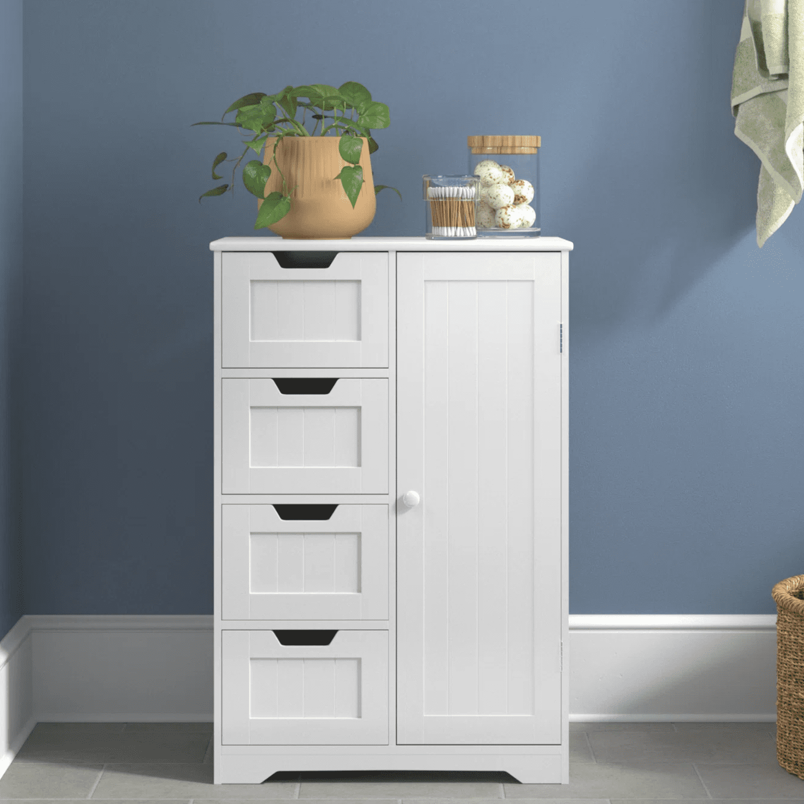 Homfa 4 Drawer Linen Bathroom Cabinet, Wooden Cupboard Storage Cabinet with Adjustable Shelf, White Finish