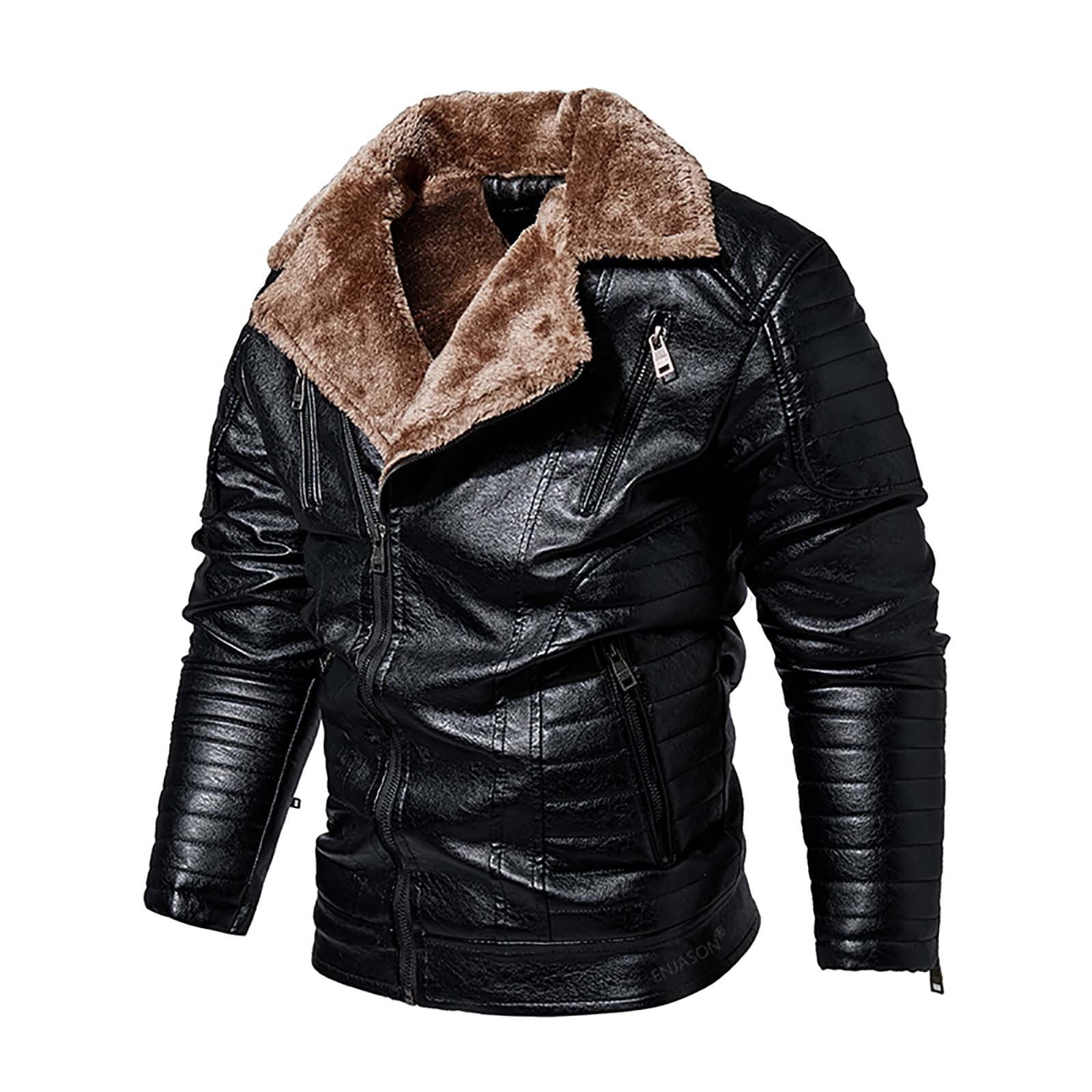 Bazeneo Leather Jacket Mens Winter Fleece Faux Leather Jacket Zipper Warm Biker Jackets with Pockets Vintage Brando Style Motorbike Jackets Faux Shearling Thicken Outwear Casual Tops