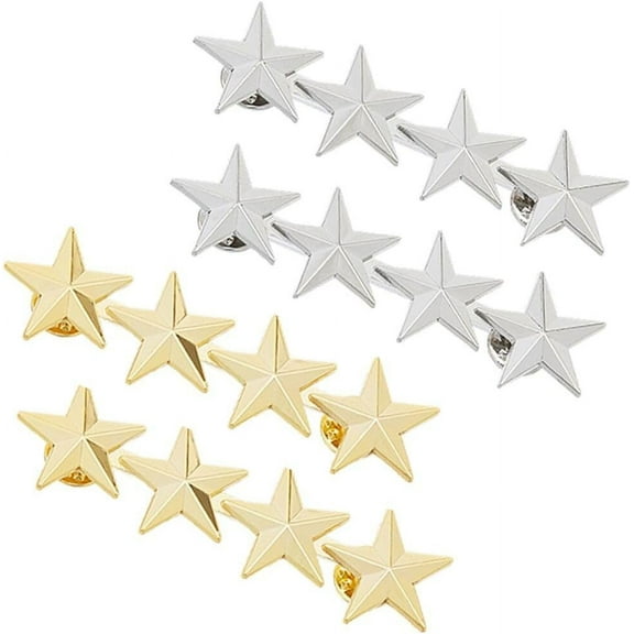 4Pcs Star Badge Lapel Pin Gold Silver 4 Stars Pride Rank Insignia Brooches Military Award Pins 5-Pointed Star Badge Collar Shoulder Star Pins for Women Men Uniform Costume Outfit