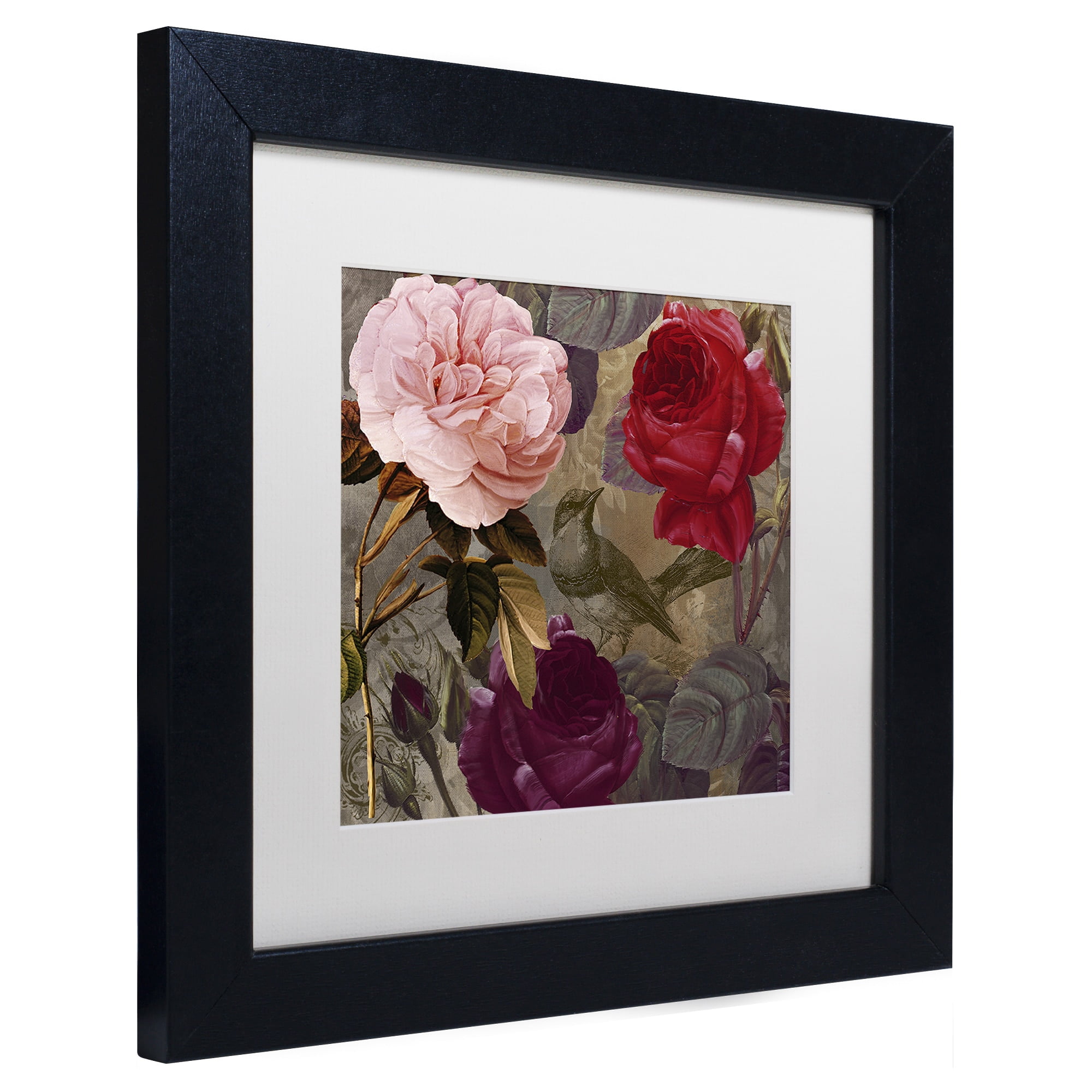 Trademark Fine Art "Birds and Roses" Canvas Art by Color Bakery White Matte, Black Frame