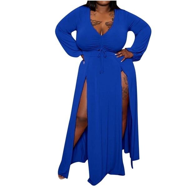 Vestido de mujer con abertura en la cintura de manga larga de color sólido con escote en V profundo de otoño a la moda para mujer Fridja yut3778
