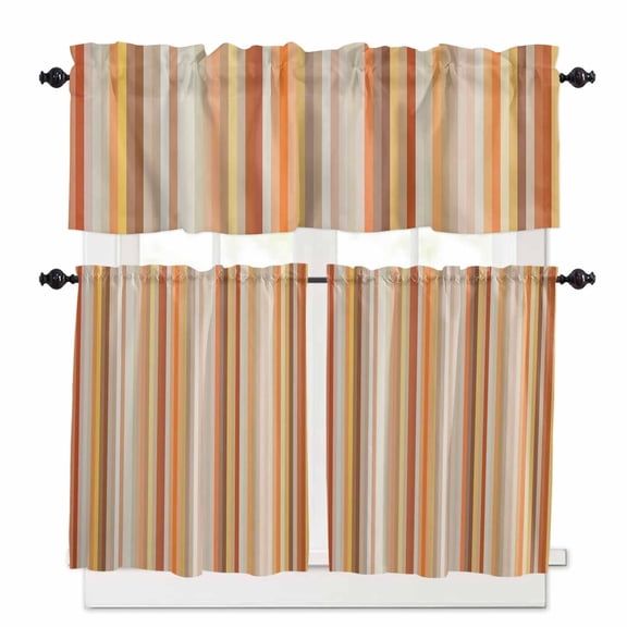 Burnt Orange Striped Kitchen Curtains and Valances Set, 3 Piece Kitchen Curtains Set 24 Inch Length, Farmhouse Orange Ombre Stripes Rod Pocket Curtains Tier Farmhouse Window Curtains