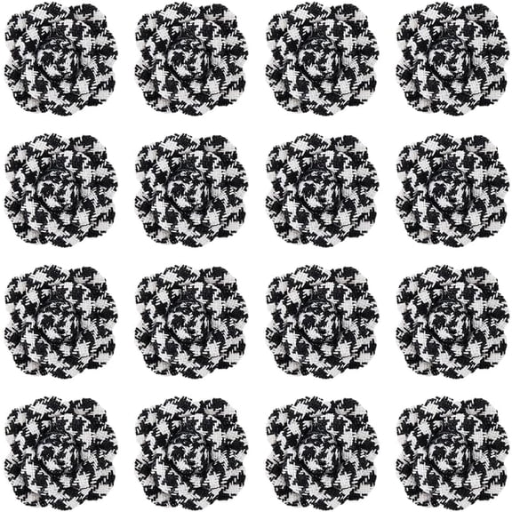 1 Set 16PCS Camellia Fabric Flower Dimensional Fabric Flowers Fabric Flowers Patches 3D Nylon Flower Black and White Checkered Flower Patches for Clothes Crafts Decoration