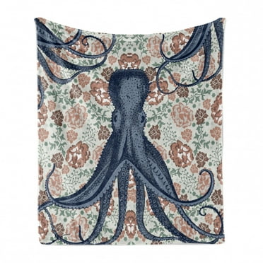 Octopus Soft Flannel Fleece Throw Blanket, Pastel Colored Composition with Sea Animal and Blossoming Vintage Style Flowers, Cozy Plush for Indoor and Outdoor Use, 50" x 60", Multicolor, by Ambesonne