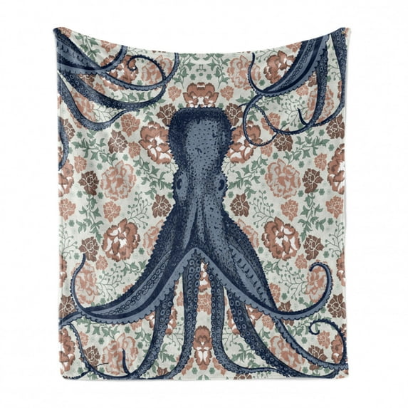 Octopus Soft Flannel Fleece Throw Blanket, Pastel Colored Composition with Sea Animal and Blossoming Vintage Style Flowers, Cozy Plush for Indoor and Outdoor Use, 50" x 60", Multicolor, by Ambesonne