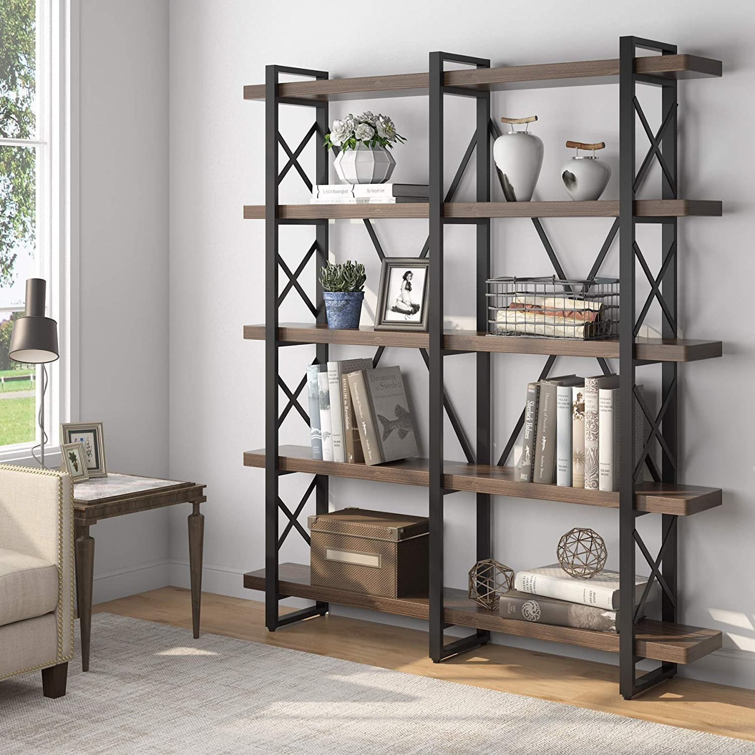 SMAGREHO 5 Tier Industrial Bookshelf,Open Wood Bookcase with Metal Frame Book Shelf for Living Room,Bedroom and Office,Office,Dark Brown