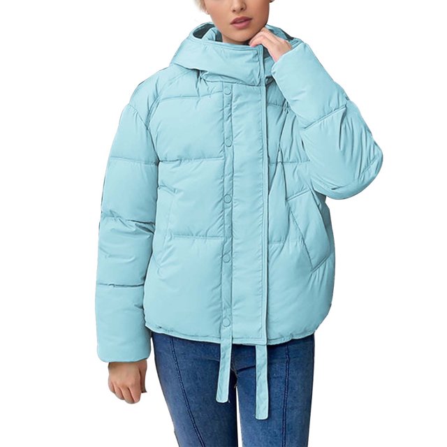 Gibobby Chamarra mujer invierno, Chamarra acolchada para mujer, manga larga, cuello alto, cierre completa, chamarra liso con capucha y bolsillo con capucha y cuello alto(Azul,XG)