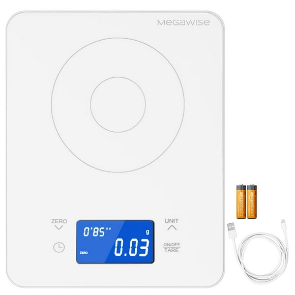 MEGAWISE Balance à Café Haute Précision avec Minuterie, Double Alimentation, Verre Trempé Étanche, 5 Modes de Pesée, Minuterie Professionnelle pour Brassage de Café