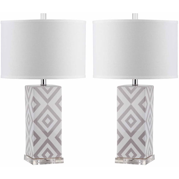 SAFAVIEH Diamonds 27 in. H Ceramic Table Lamp with Off-White Cotton Shade, Grey, Set of 2