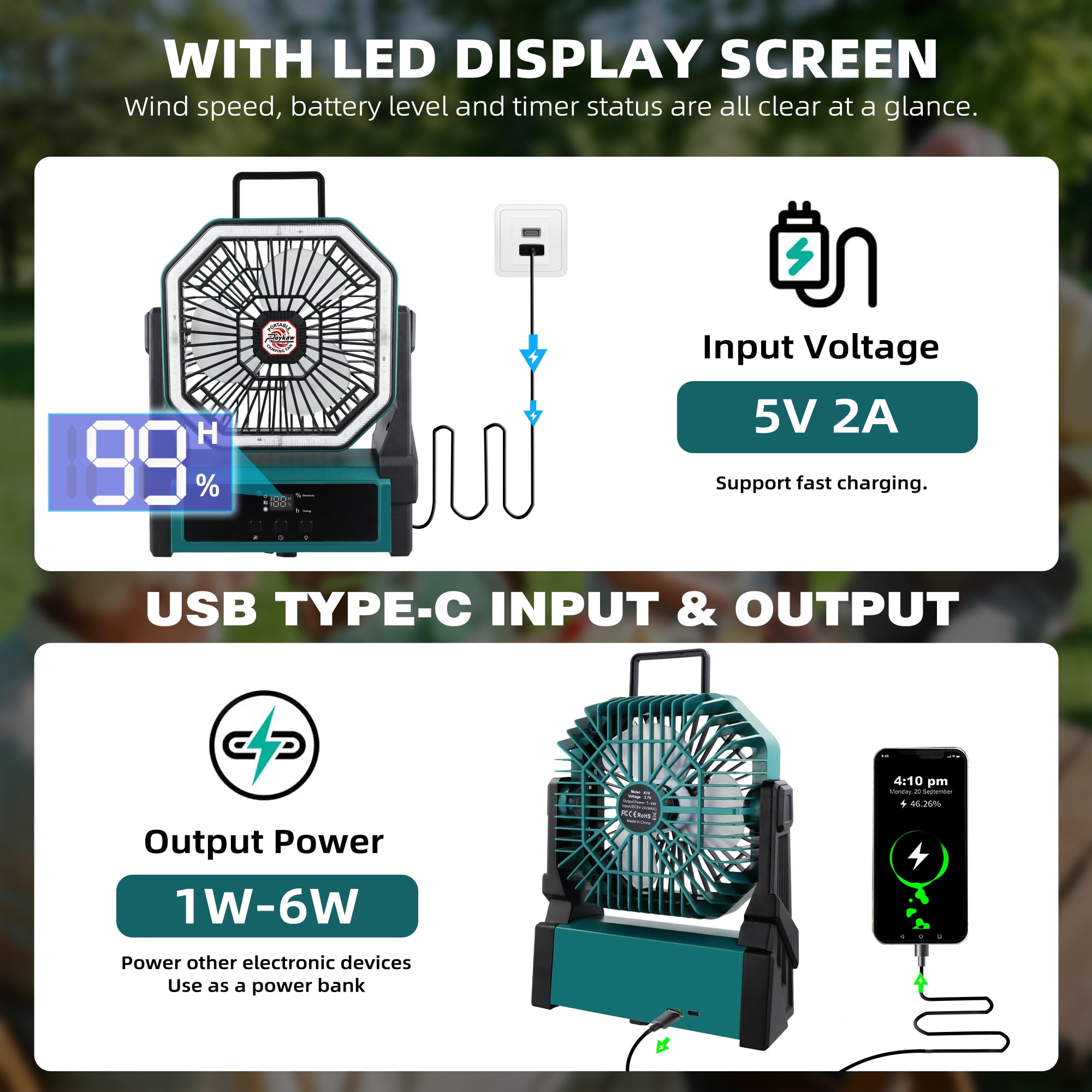 Roykaw Portable Fan Rechargeable 20000 mAH Battery Powered, Cordless Camping Fan, Ultra-bright LED Lights & Display, 36+ Hrs Work, w/Hang Hook, Handle for Travel, Fishing, Golfing, Indoor, Hurricane