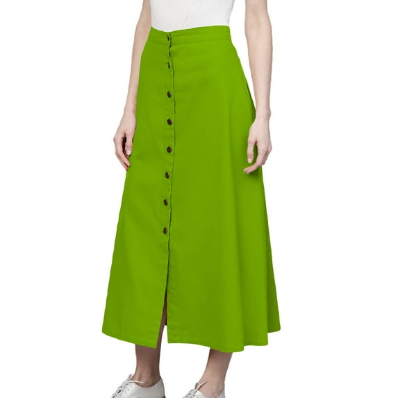 Women's Cotton A-line Button Front High Waist Front Slit Knee Length Skirt, Color : Parrot Green, Size: L