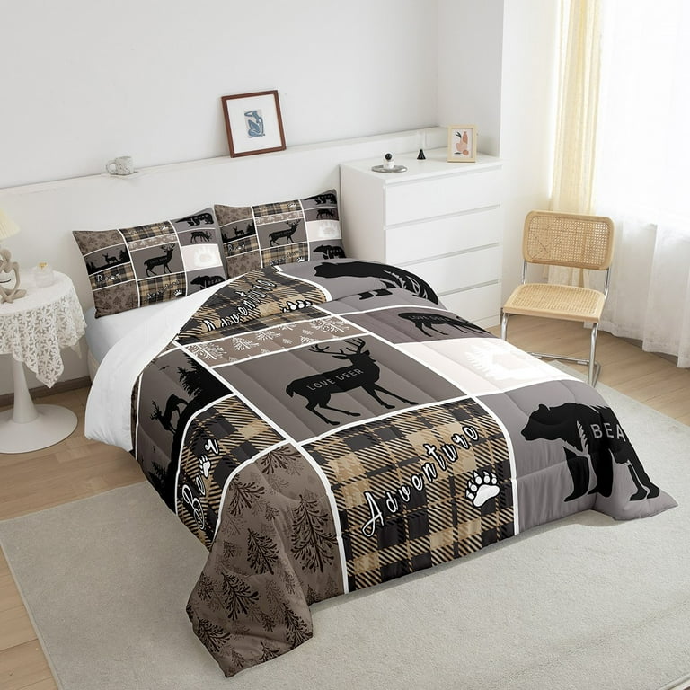Hunting Bear Comforter Set For Boys, Rustic Cabin Lodge Bedding