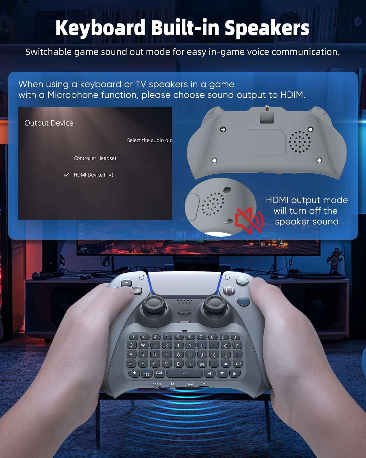 Bluetooth 3.0 Wireless Controller Keyboard for PS5/PS5 Pro,Mini Portable Gamepad Chatpad with Built-in Speaker&3.5MM Audio Jack, Voice Chat Board for Messaging&Gaming Live Chat,Grey