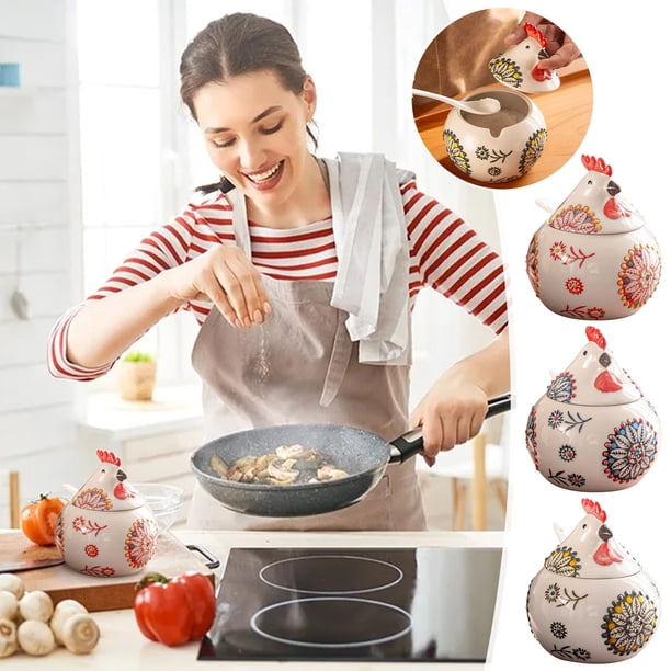 Tarro de especias de cerámica Rooster 400ml con tapa y cuchara – olla hermética para condimentos bajo el esmalte, recipiente de cocina resistente a humedad para sal, azúcar y condimentos