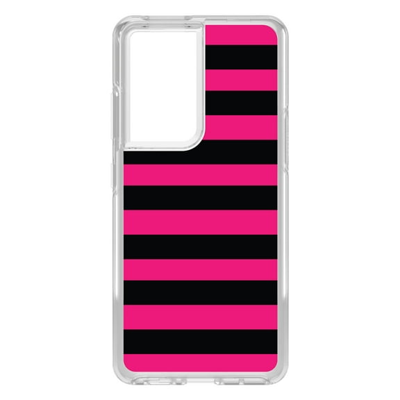 DistinctInk Clear Shockproof Hybrid Case for Galaxy S21 ULTRA 5G (6.8" Screen) - TPU Bumper, Acrylic Back, Tempered Glass Screen Protector - Black & Pink Bold Horizontal Stripes
