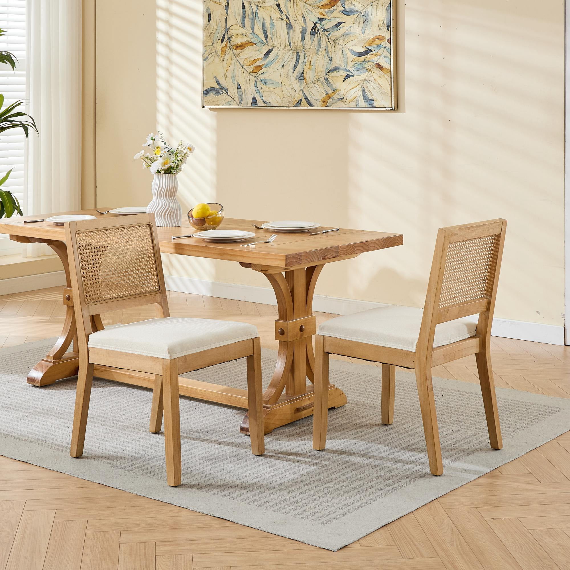 Jopath Rattan Dining Chairs Set of 2, Cane Upholstered Kitchen Side Chair with Natural Hardwood Frame for Kitchen Restaurant Beige