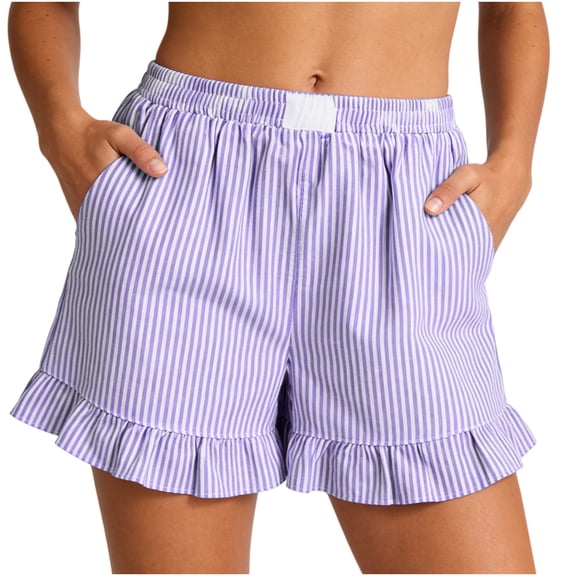 Sokhug Womens Striped Ruffle Hem Shorts Elastic High Waist Casual with Pockets Summer Lounge Shorts