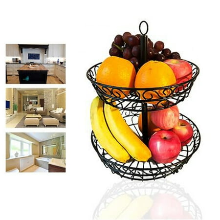 Double Tier Iron Fruit Vegetable Bread Basket Household Rack 2 Deck Storage Organizer Stand for Kitchen Home Hotel