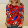 thumbnail image 2 of CYMMPU Basic Tees Plus Size Tunic Tops Vintage Business Work Blouses Crewneck Summer Fall Floral Printed 3/4 Length Sleeve Shirts 2025 Clothes for Women Red M, 2 of 5