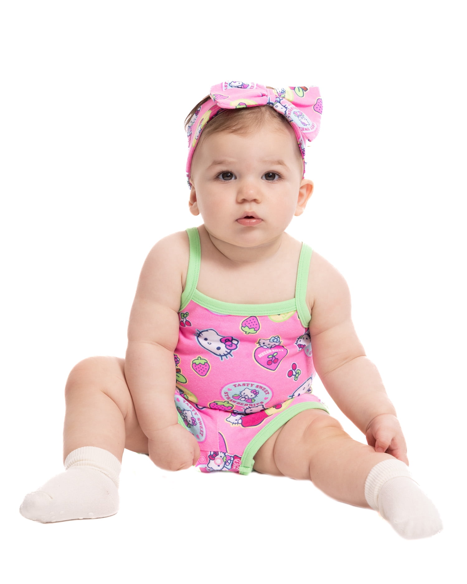 Hello Kitty Baby Girls Spaghetti Strap Print Romper with Matching Bow Headband, Sizes 0/3M-24M