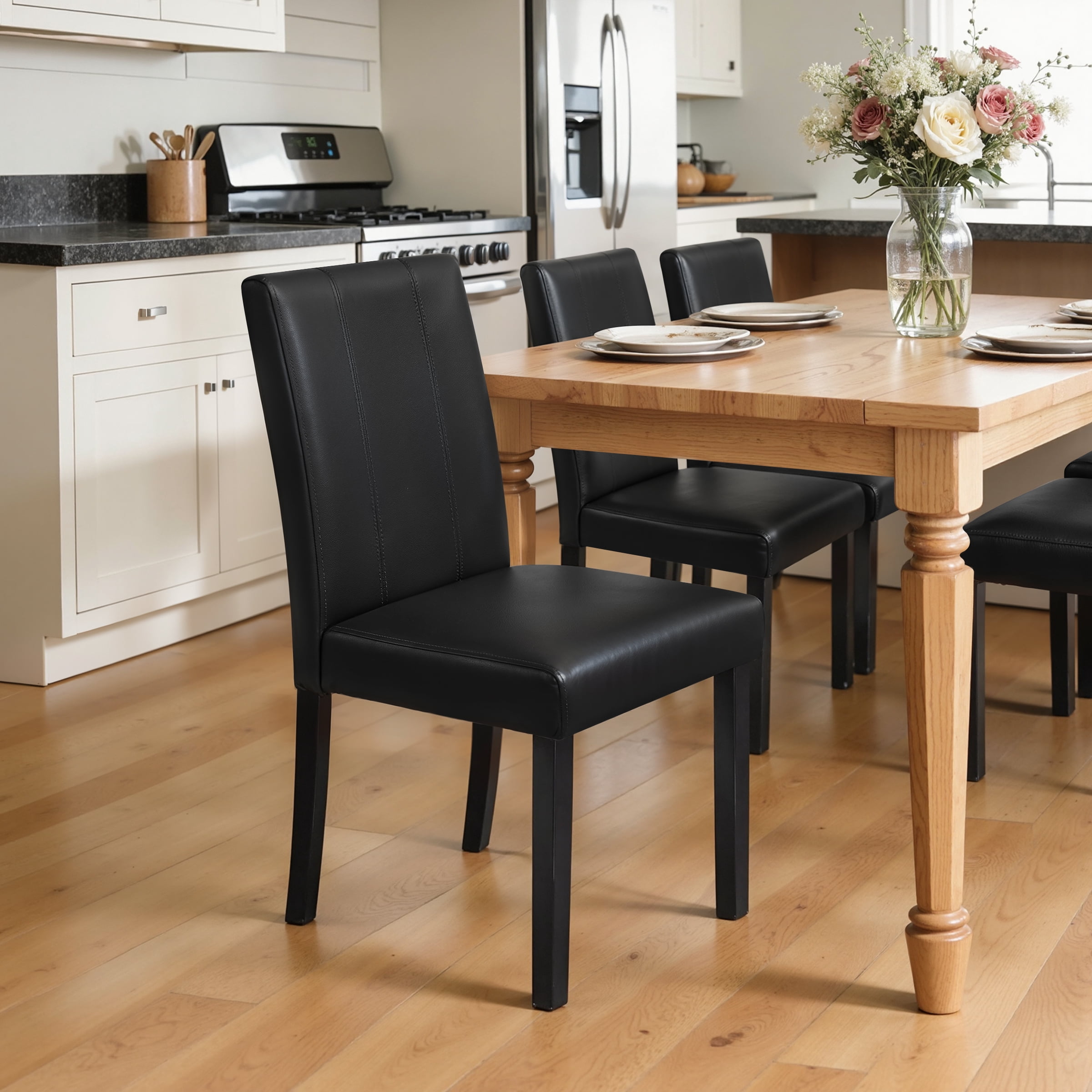Modern Faux Leather Dining Chairs Set of 2 for Dining Room, Upholstered Parsons Chairs, Black