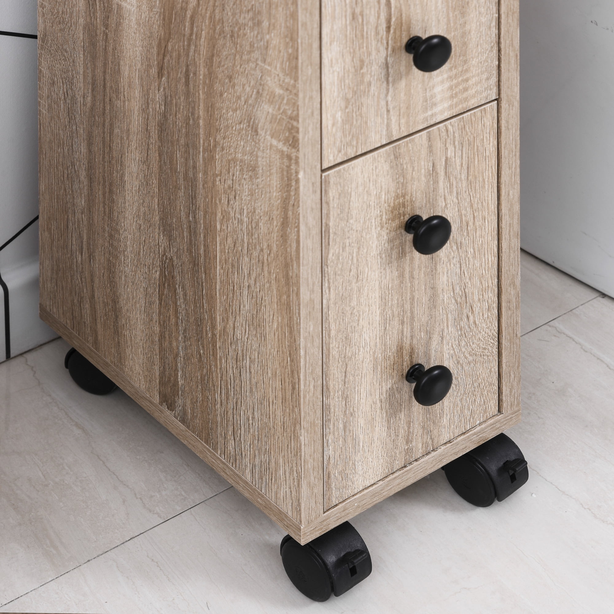 HOQBN Freestanding Compact Design Bathroom Cabinet with 2 Open Cabinets, 1 Door Cabinet, 1 Drawer and 4 Rolling Wheels, Oak