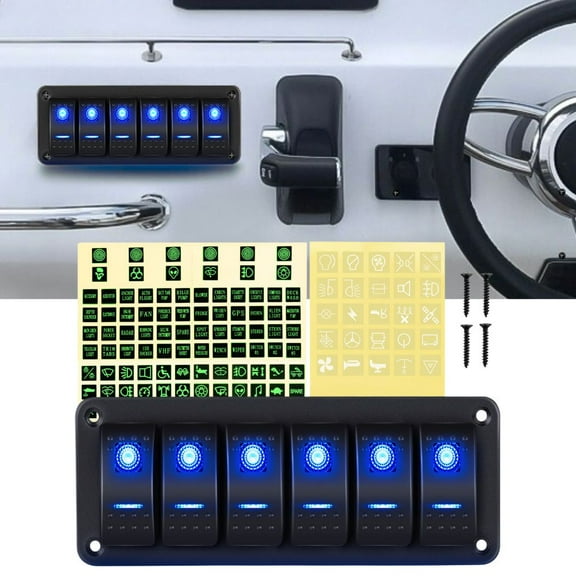 Waywe 6 Gang Rocker Switch Panel 5Pin On Off Toggle Switch Aluminum Holder 12V 24V Dash Pre-Wired Blue Backlit Switches for Automotive Cars Marine Boats RVs Truck