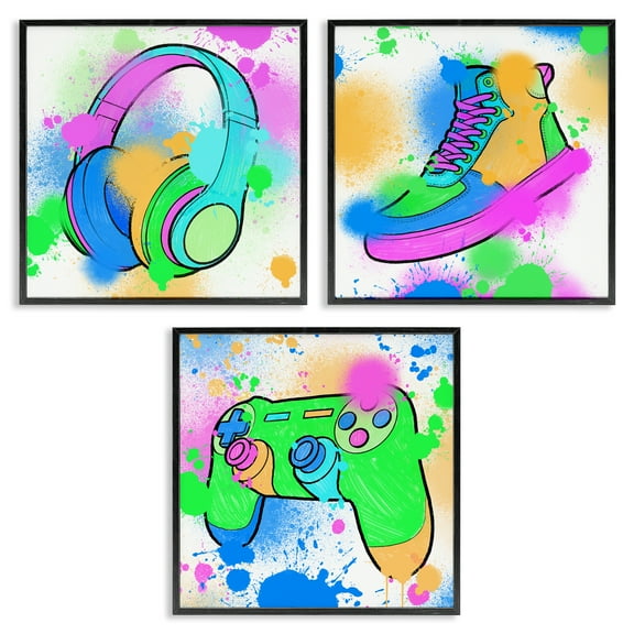 Stupell Industries Urban Gaming & Sneakers Entertainment Painting Black Framed Art Print Wall Art, 12 x 12, Set of 3