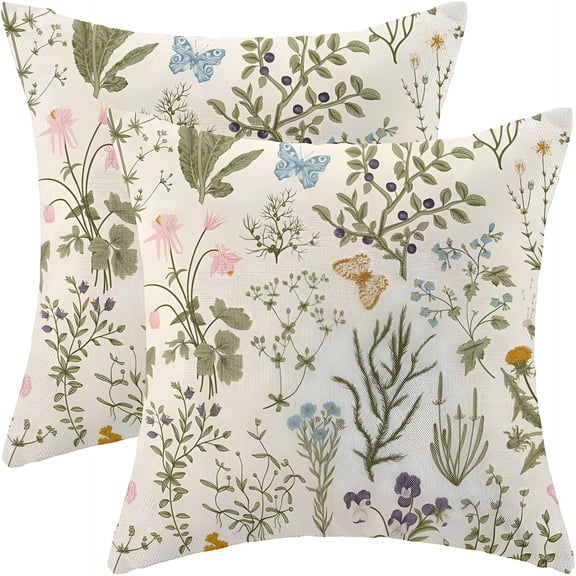 AUQ Spring Pillow Covers 18X18" Set of 2,Sage Green Wild Flower Plant Throw Pillows Case,Seasonal Floral Outdoor Decorative Square Linen Farmhouse Decor Cushion Covers for Home Sofa Bed Couch