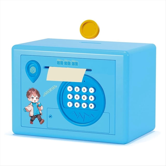 Alcancía para Niños, Caja de Ahorro de Dinero con Contraseña y Huella Dactilar, Cajero Automático Seguro para Monedas, Regalo de Cumpleaños, Color Azul