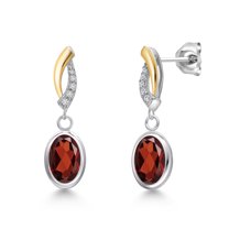Gem Stone King 925 Silver and 10K Yellow Gold Red Garnet and Lab Grown Diamond Earrings for Women | 3.07 Cttw | Gemstone January Birthstone | Oval 8X6MM