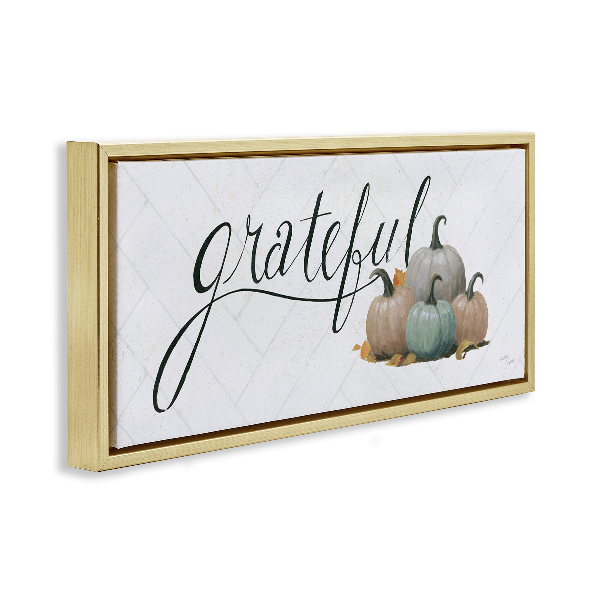 Stupell Industries Grateful with Pumpkins Typography Painting Gold Floater Framed Canvas Art Prints Wall Art, 31 x 14