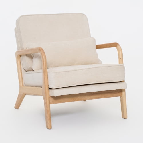 Mid-Century Modern Accent Chair, Upholstered Lounge Chair with Curved Wood Armrests & Lumbar Cushion for Living Room Bedroom Reading Nook, Beige