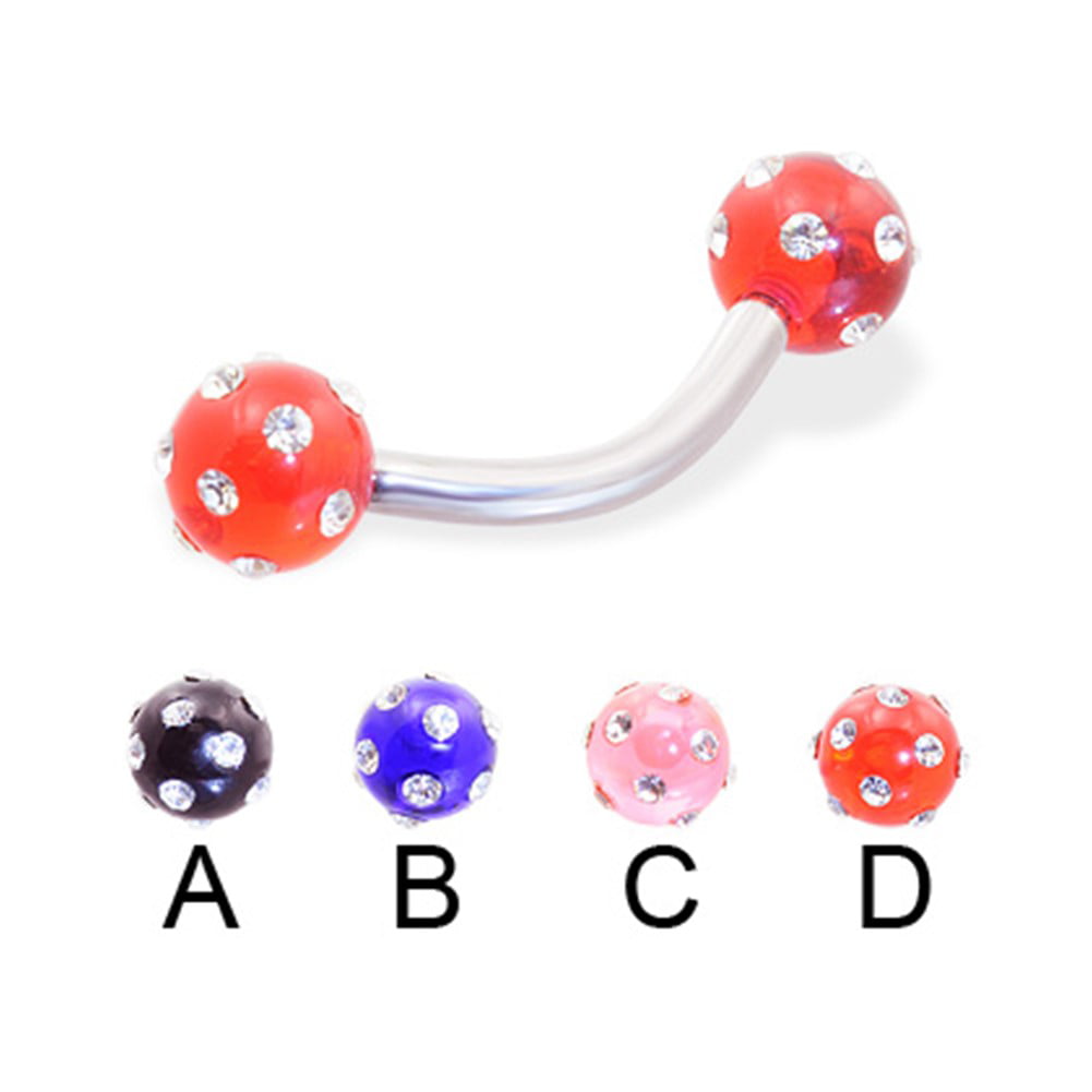 316L Surgical Steel Curved Barbell with UV Coated Acrylic Gemmed Balls