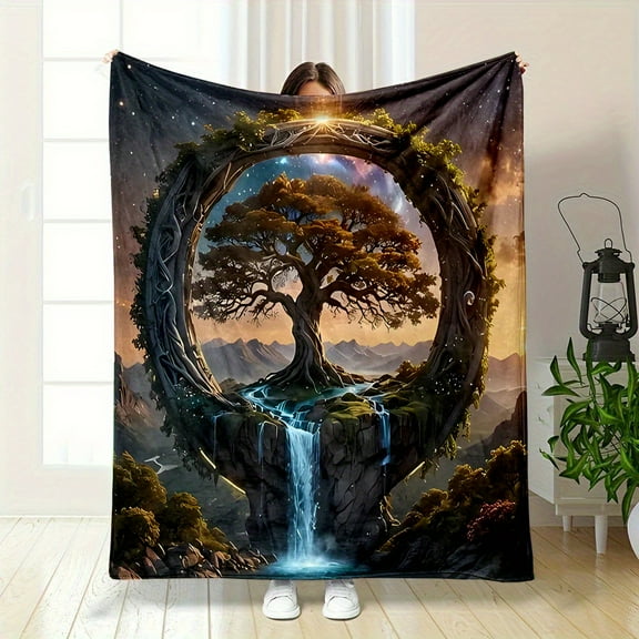 Cozy Comfort Amazing Sacred Flourishing Tree of Life with Cascading Holy Water Digital Print Blanket Reversible All-Season Flannel Throw Ultra-Soft Cozy & Durable