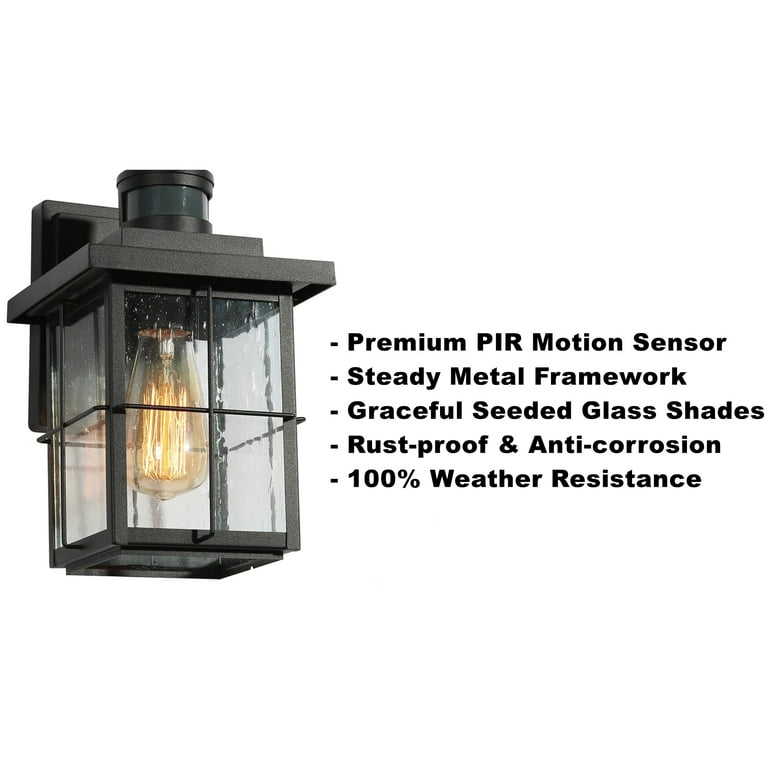 1-Light Black 11 in. H Square Patio LED Decorative Outdoor Metal Caged Wall Lantern Seeded Glass Sconce 1-Light Black 11 in. H Square Patio LED Decorative Outdoor Metal Caged Wall Lantern Seeded Glass Sconce