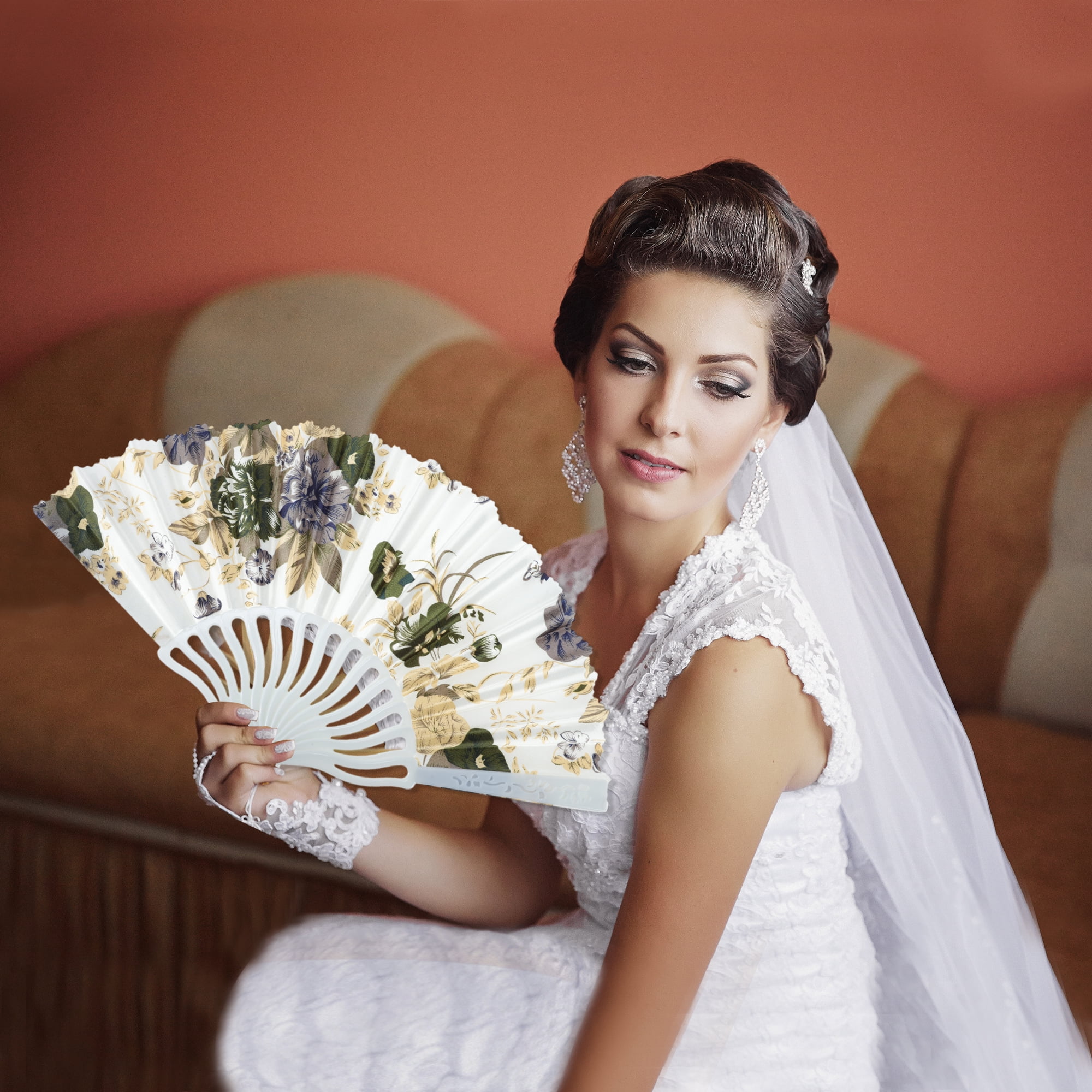 Unique Bargains Elegant Floral Design Folding Hand Fan Yellow Green