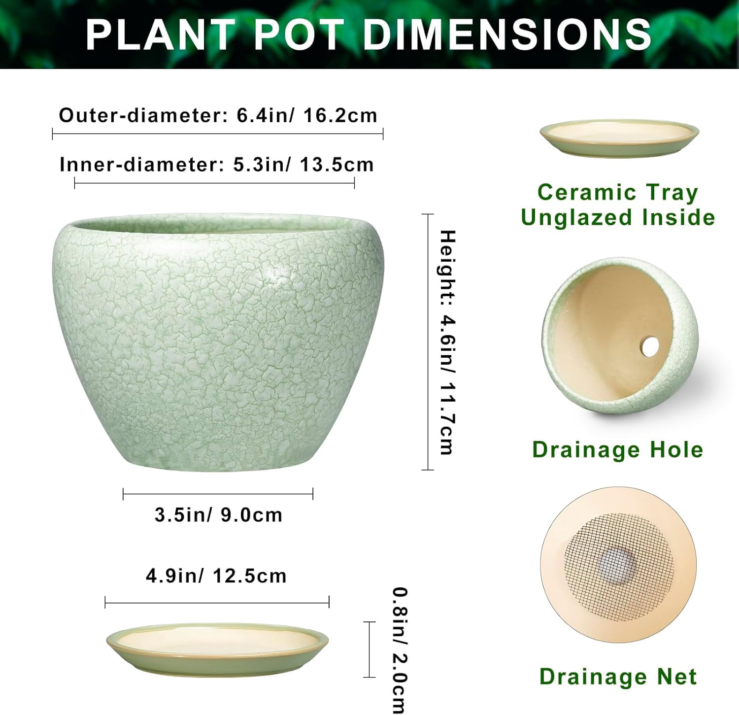 Ceramic Flower Pots - 6 Inch Plant Pot with Drainage Hole and Saucer, Modern Plant Pots for Indoor Succulent Plants, Round Indoor Planter, House Decor, Gardening Gifts, Crackle Light Green