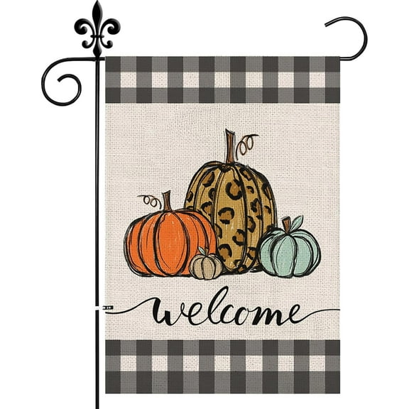 Fall Garden Flag Fall Buffalo Plaid Pumpkin Welcome Flags Double Sided Vertical Burlap Yard Outdoor Autumn Thanksgiving Decor 12.5x18 Inch