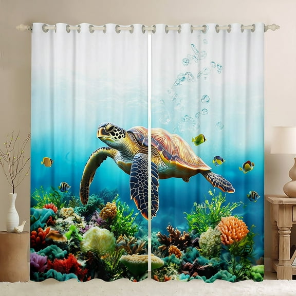 Erosebridal Animal Sea Turtle Curtains for Living Room,Marine Wildlife 30%-50% Blackout Curtains Set of 2 (38x45),Curtains Pack of 2 (38x45),Sealife Decor