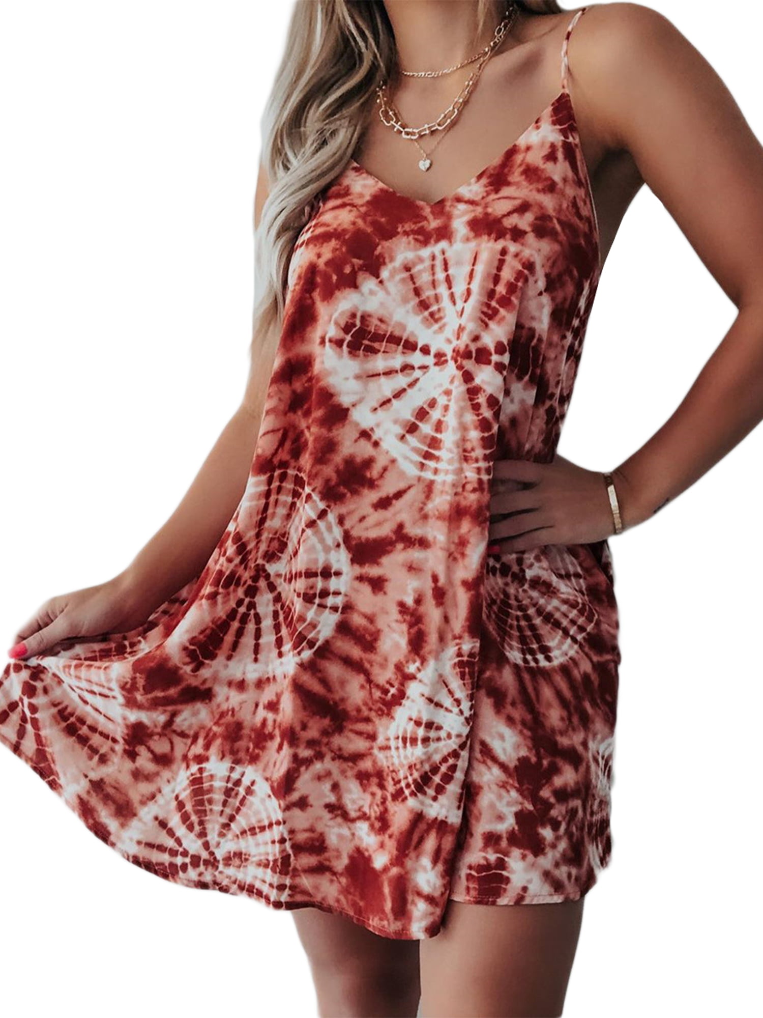 Womens Beach Print Dress Ladies Summer Sleeveless Swing Vest Dresses Plus Size