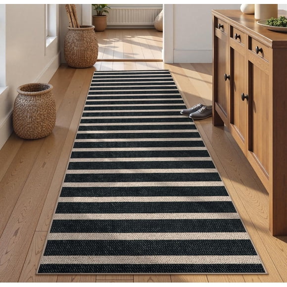 Lahome Striped Easy Jute Runner Rug, 2x8 Kitchen Rug Non Slip Washable Outdoor Runner for Entryway Indoor, Farmhouse Black Indoor Outdoor Carpet for