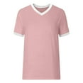 thumbnail image 4 of MIXUE Boho Tops For Women Summer Solid Color V Neck Short Sleeve Casual Warm T Shirts Daily-Wear,Pink,L, 4 of 5
