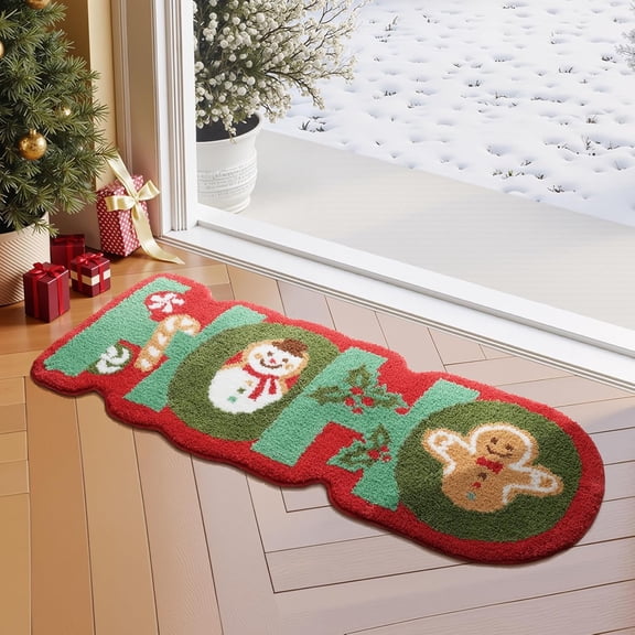 Phantoscope Christmas HOHO Area Rug, Soft Tufted Absorbent Holiday Decorative Mat, Non-Slip Christmas Rug for Bathroom Front Door Living Room, Red, 45 x 18 in