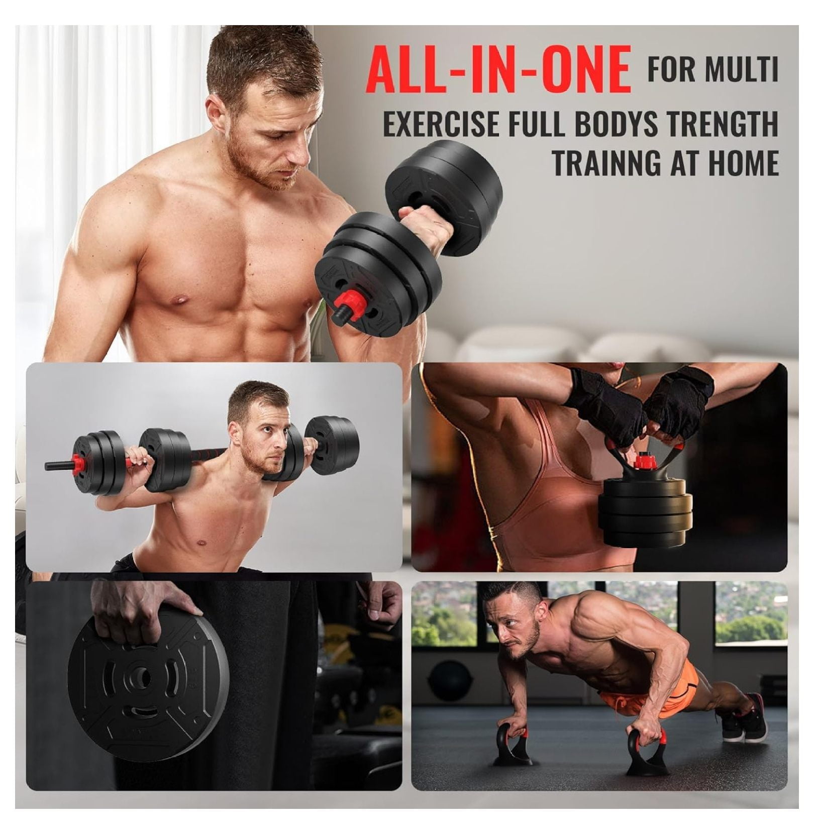 Adjustable Dumbbell Set, 60lbs Free Weights Set with Connector, 2 in 1 Changeable Dumbbells and for Exercise and Fitness, Black/Black