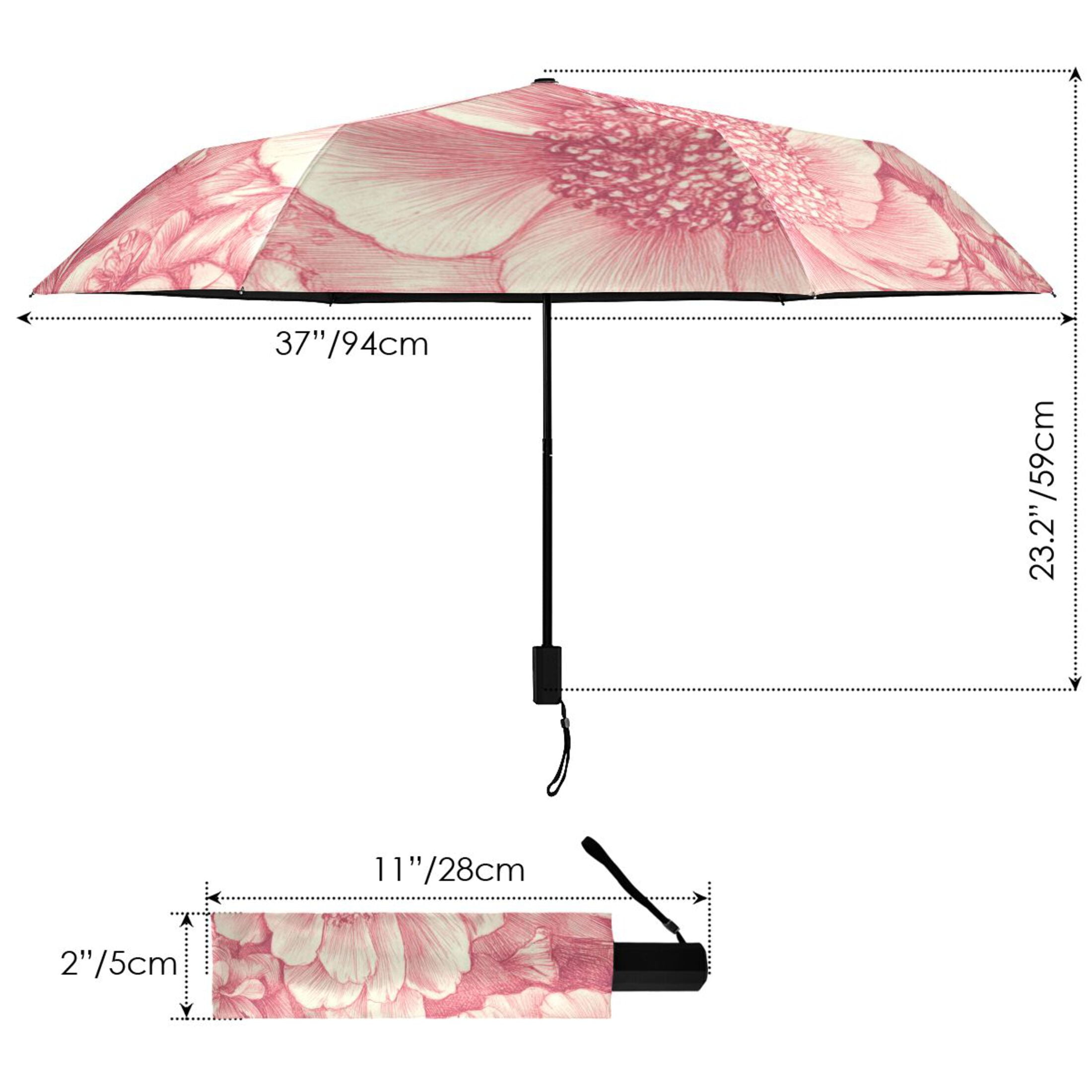 Pink Peonies Elegant All Weather Umbrella Triple Folding Parasol 6 Ribs UV Protection Portable