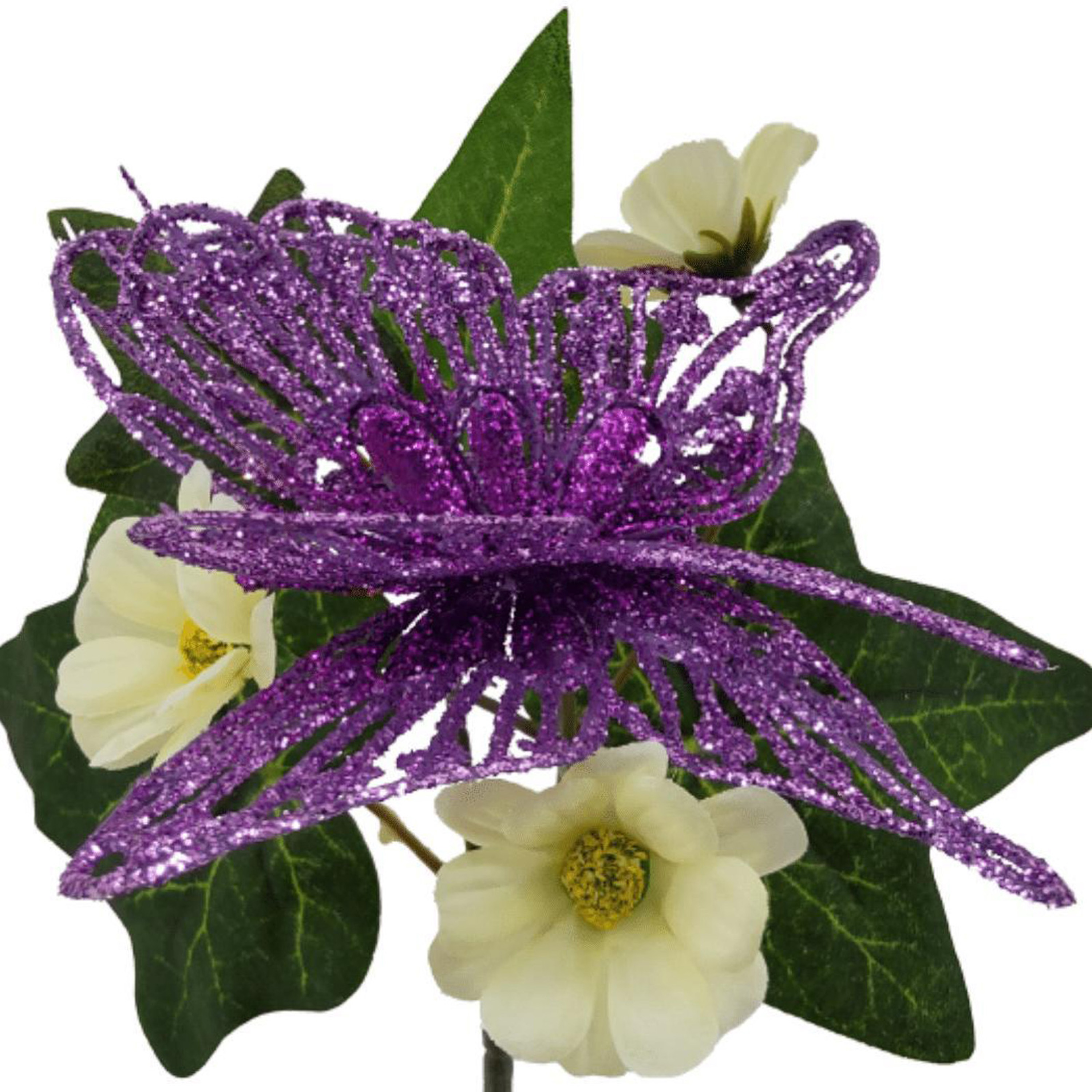 Mainstays 8 in Outdoor Artificial Floral Pick, Purple Camellia with White Accent and Butterfly Decoration