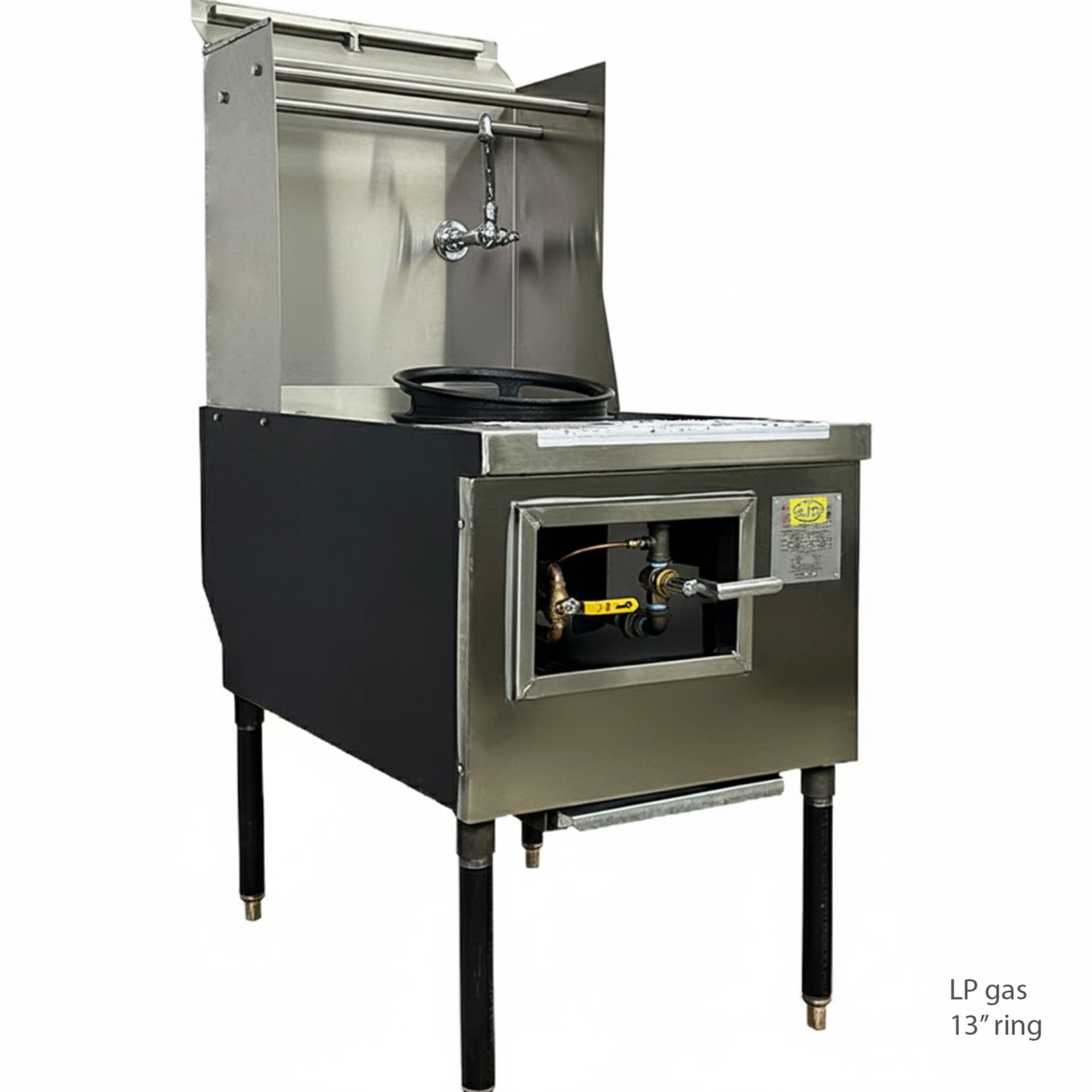 NSF 1-Hole Chinese Wok Range, 13" Ring, LP Gas, Heavy-Duty Stainless Steel, Water-Cooled Backsplash, Made in USA