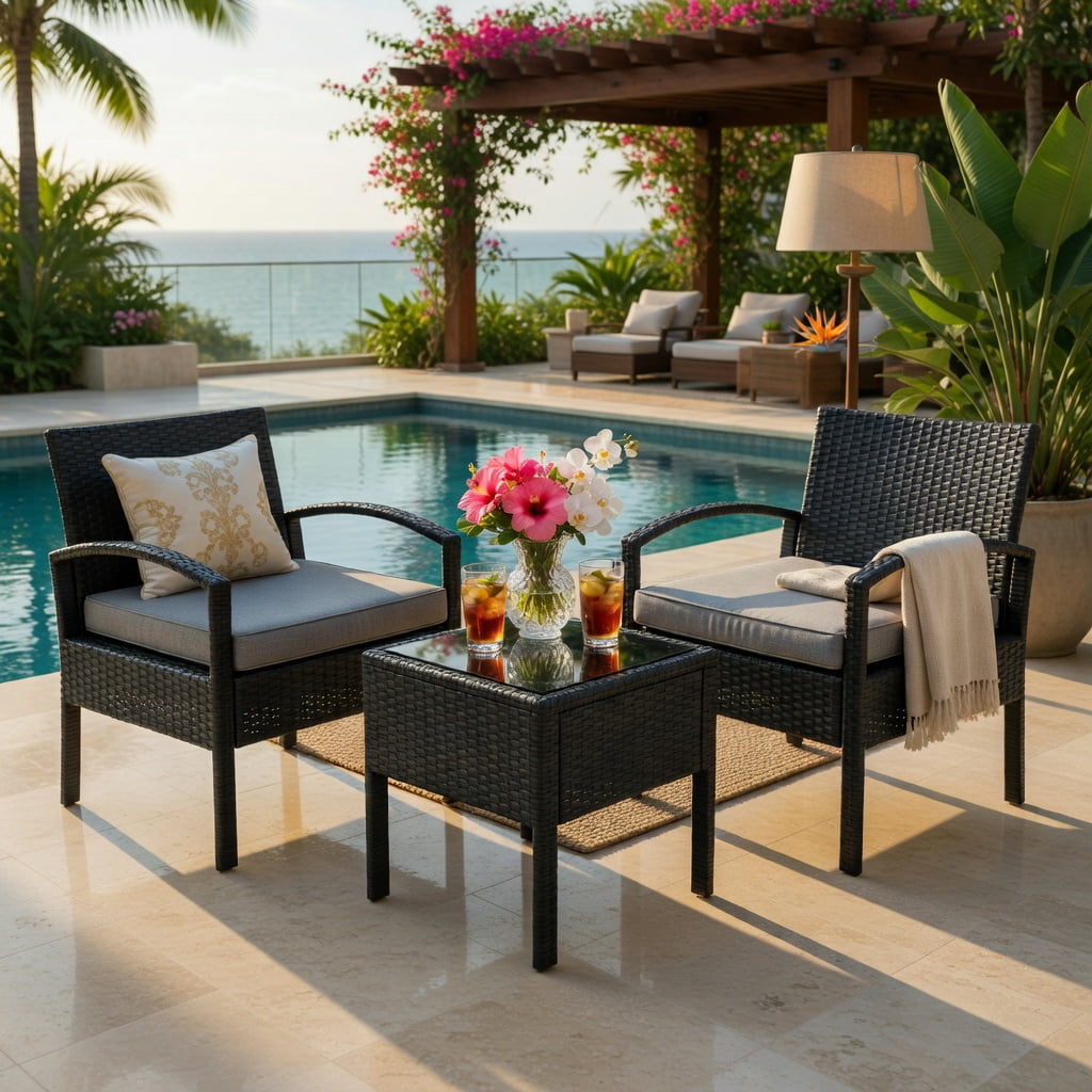 Hommoo 3-Piece Outdoor Rattan Patio Conversation Set, PE Wicker Chairs & Tempered Glass Coffee Table for Backyard, Balcony, Poolside, Gray