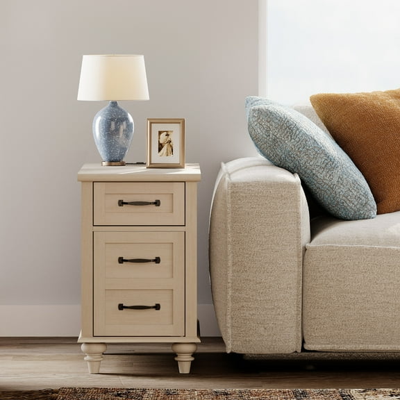 Beige Side Table with Drawer & Cabinet, Elegant End Table with Charging Station, Wooden Nightstand for Bedroom, Living Room